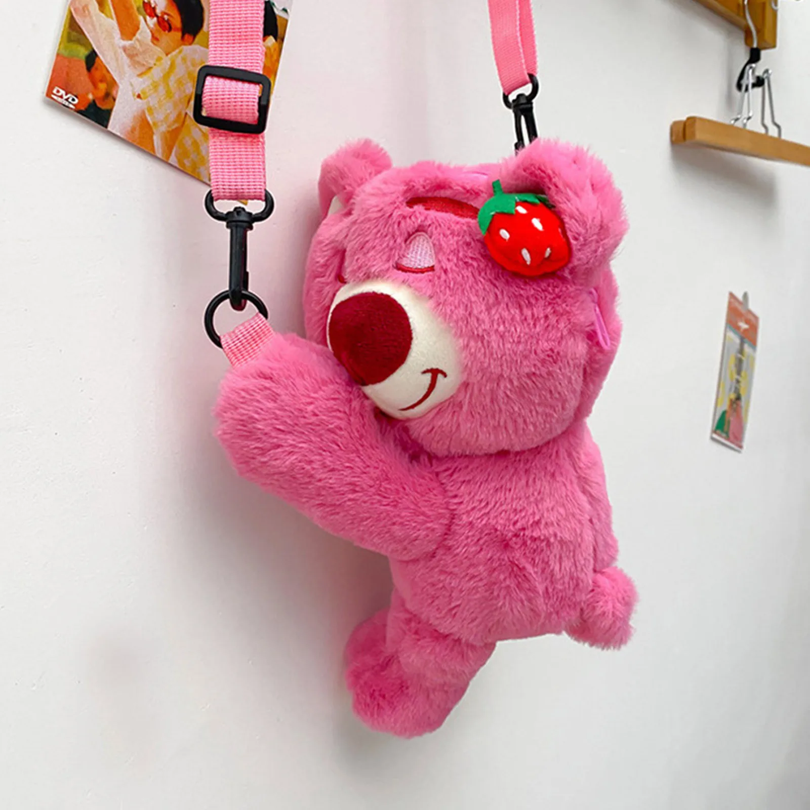 Adorable Plush Bag For Kids, Cartoon Strawberry Bear Design, Perfect Crossbody Bag For Little Girls, Soft And Cute