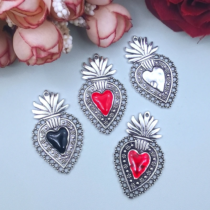 4pcs Large Enamel Milagro Ex Voto Heart Charms,Sacred Heart, Religious,DIY Charms Christian Necklace Earring Jewelry Accessories