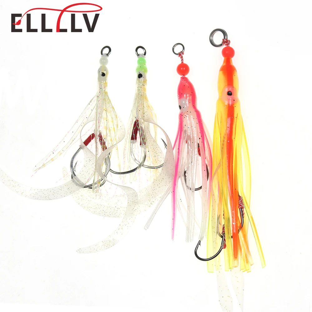 Elllv 2pcs/bag Soft Squid Skirts Lure Slow Jigging Assist Hook Luminous Trolling Jig Bait for Saltwater Fishing Deep Sea Fishing