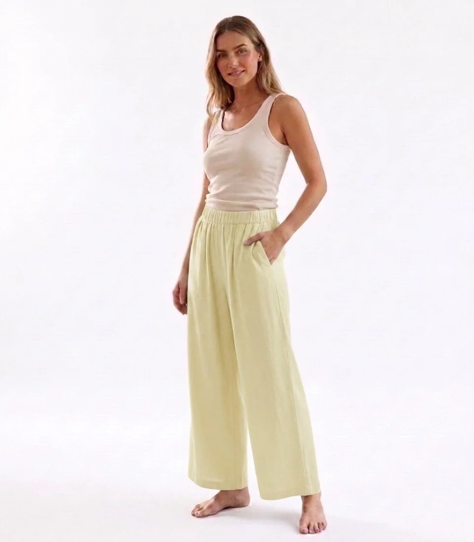 Calças Largas de Algodão e Linho para Mulheres, Cintura Alta Elástica, Calças Soltas com Pregas e Bolsos, Cor Sólida, Estilo Boho de Verão