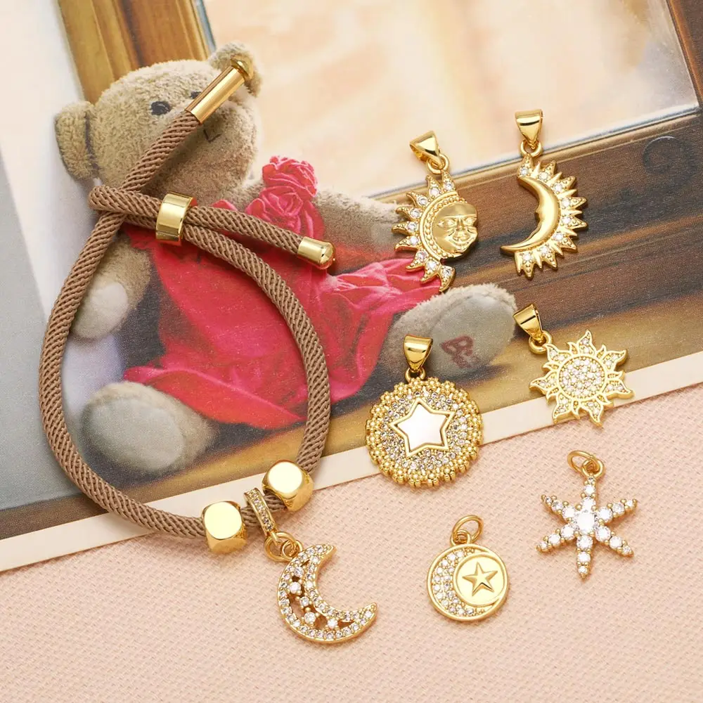OCESRIO Boho Celestial Pendant Copper Gold Plated CZ Sun Moon Star Charms for Necklace DIY Jewelry Making Component pdtc081