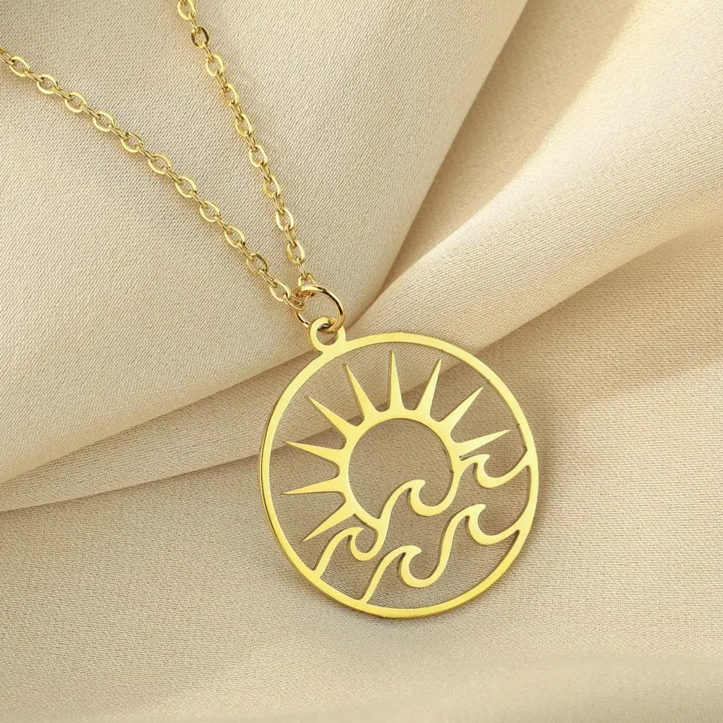 Kinitial Exquisite Fashion Earrings Openwork Sun Pendant with Waves Openwork Sun and Waves Necklace Birthday Gift for Lovers