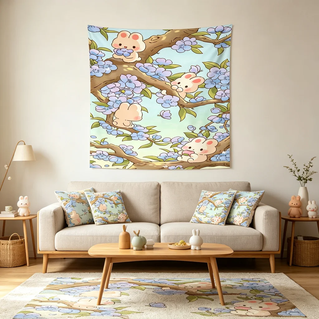 1PC Cartoon Rabbit Cherry Art Print Backdrop Banner, Bedroom Living Room Photo Background, Polyester, Home Decor, Wall Art