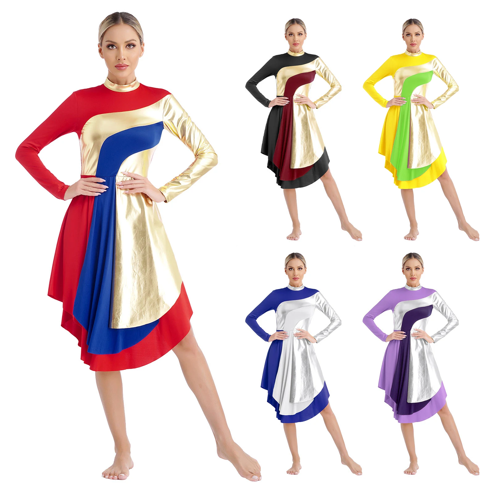 Womens Liturgical Worship Dance Dresses Mock Neck Long Sleeve Contrast Color Patchwork Curved Hem Dress