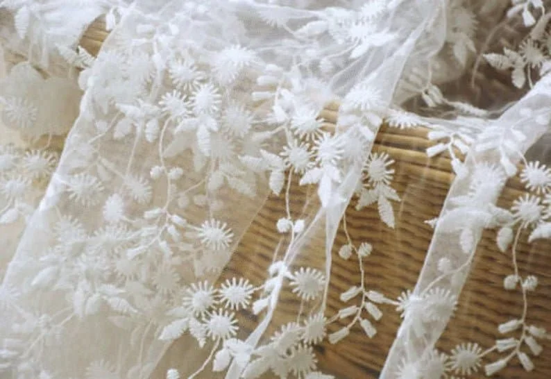 Cotton Sunflower Embroidered Lace Fabric Ivory Gauze Both Edges Tulle Fabric For Girl Dress  Wedding Dress Bridal Veil 1 Yard