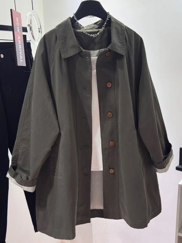 

plus Size Women's Grey Casual Coat Autumn Winter Loose Fit High Waist Button up Korean Style Medium Length Fashionable Outerwear