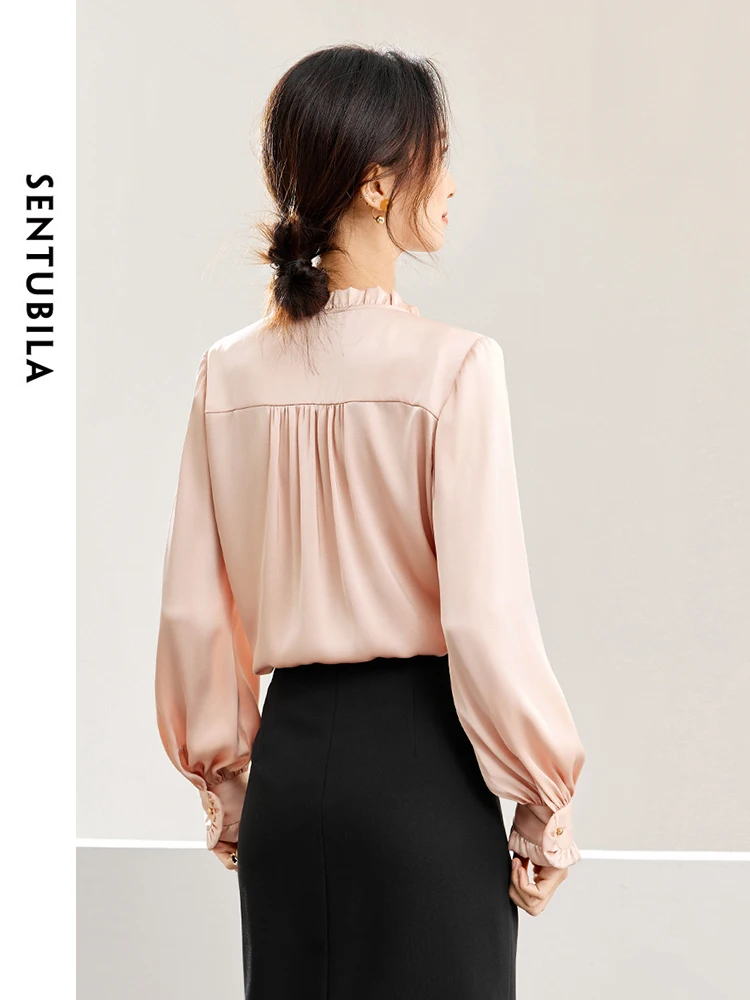 SENTUBILA French Satin Shirt Women 2024 Spring Autumn Elegant Female Long Sleeve Ruffled V-neck Tops Blouse Clothing 141V53078