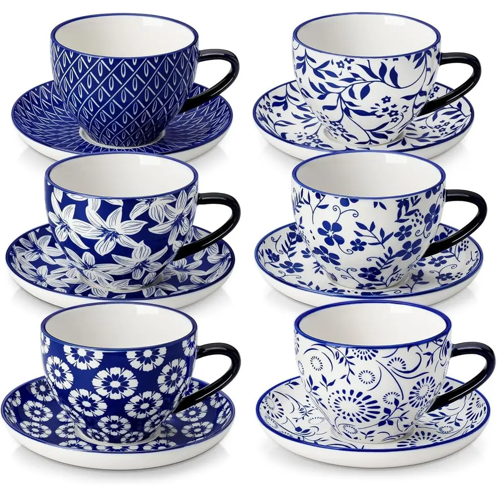 

6-Piece Porcelain Latte and Tea Cup Set with Saucers, Vintage Blue for Specialty Coffee Drinks