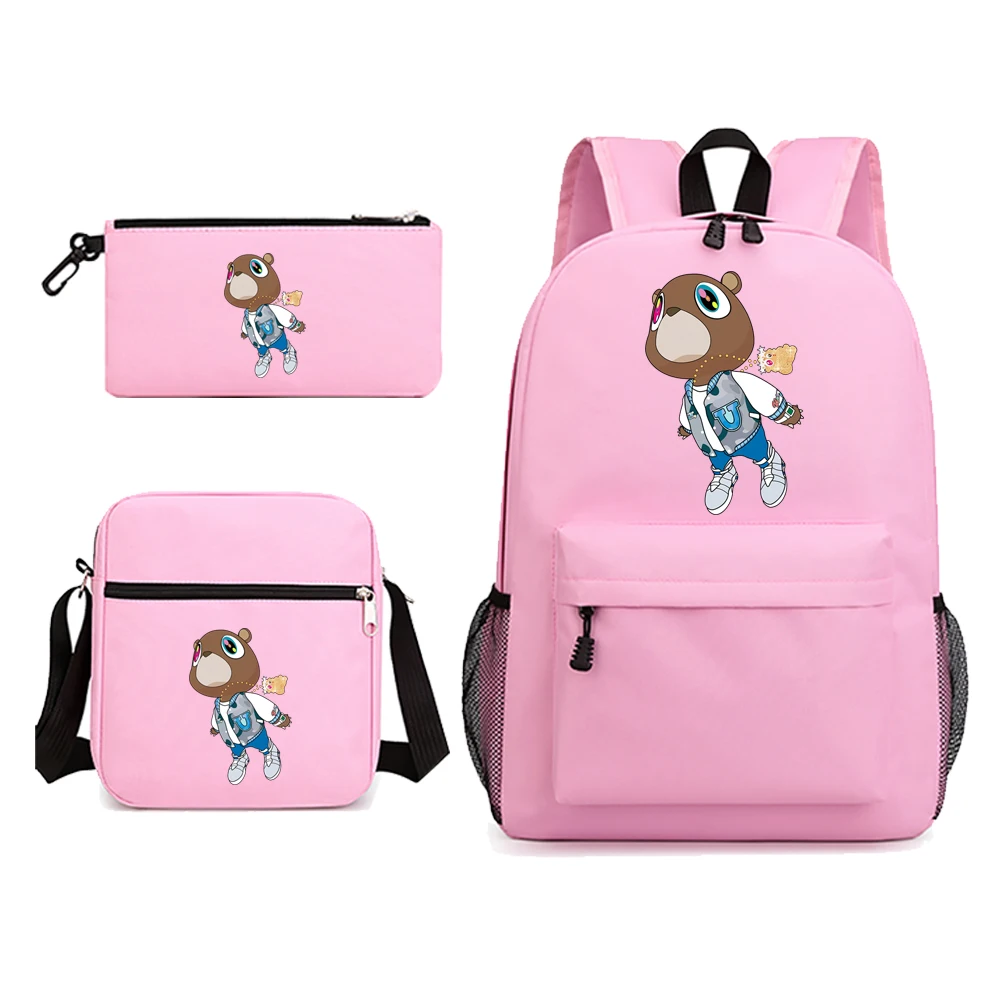 Kanye West Graduation Print Student Schoolbag 3-Piece Set Youth Backpack Pencil Case Shoulder Bag Set for Fans Gift