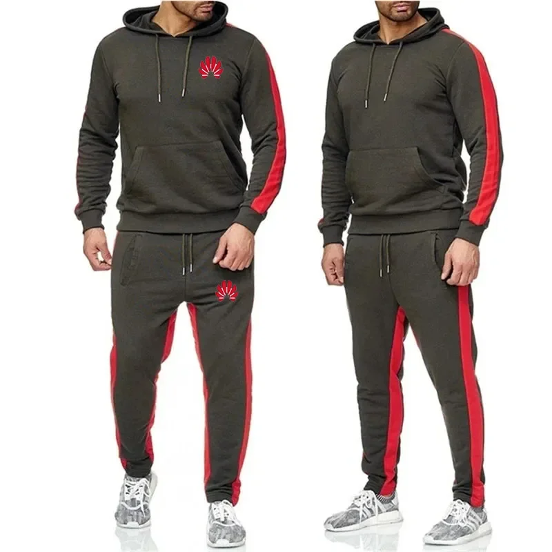 Casual winter long-sleeved men's 2-piece sportswear Color block sportswear stripes warm moisture absorption sportswear