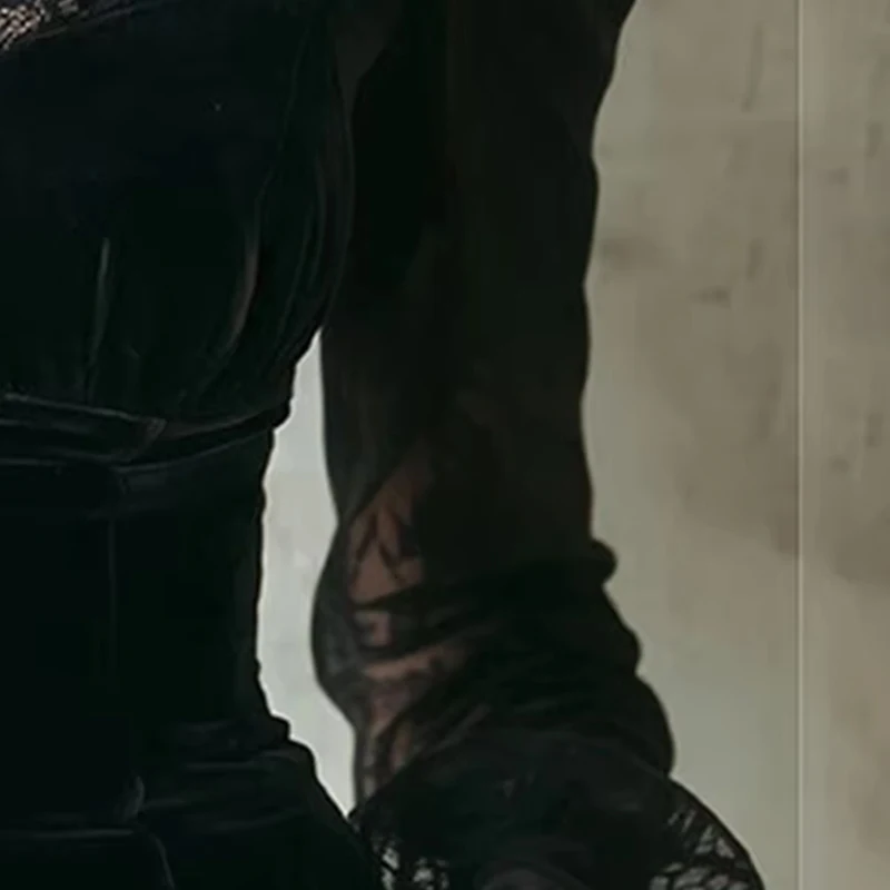 

Black Women Blouse Elegant Sexy V Neck Lace Splicing Long Sleeve Top European American Slim Fit Button Front Shirt Blouse