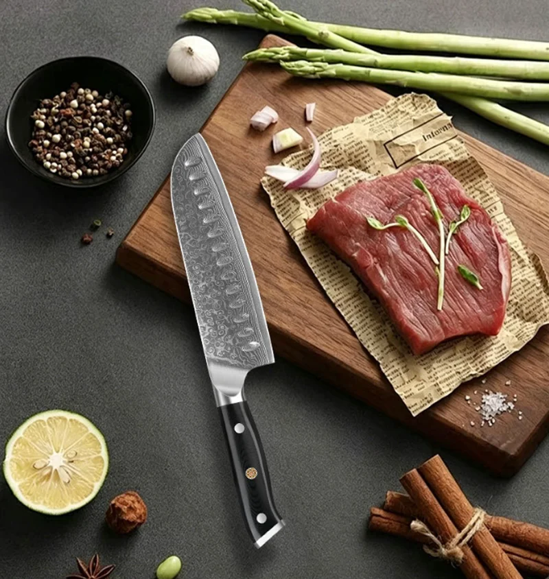 WILDMOK 7 Inch Santoku Kitchen Knife, VG10 Damascus Steel G10 Ergonomic Handle, Ideal for  Dicing Mincing Meat Veggies