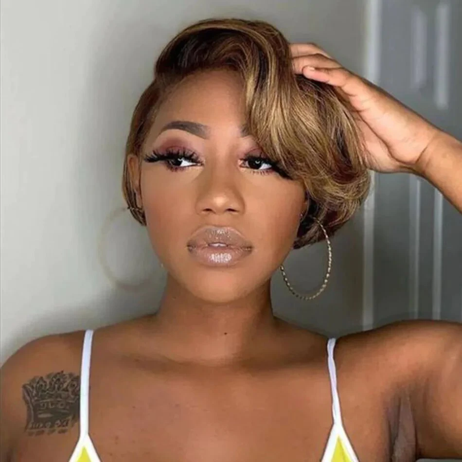 

Pixie Cut 13x1 Transparent Lace Front Wigs For Women Short Bob Wig Brazilian Pre Plucked Human Hair Wig Natural Color 4/27