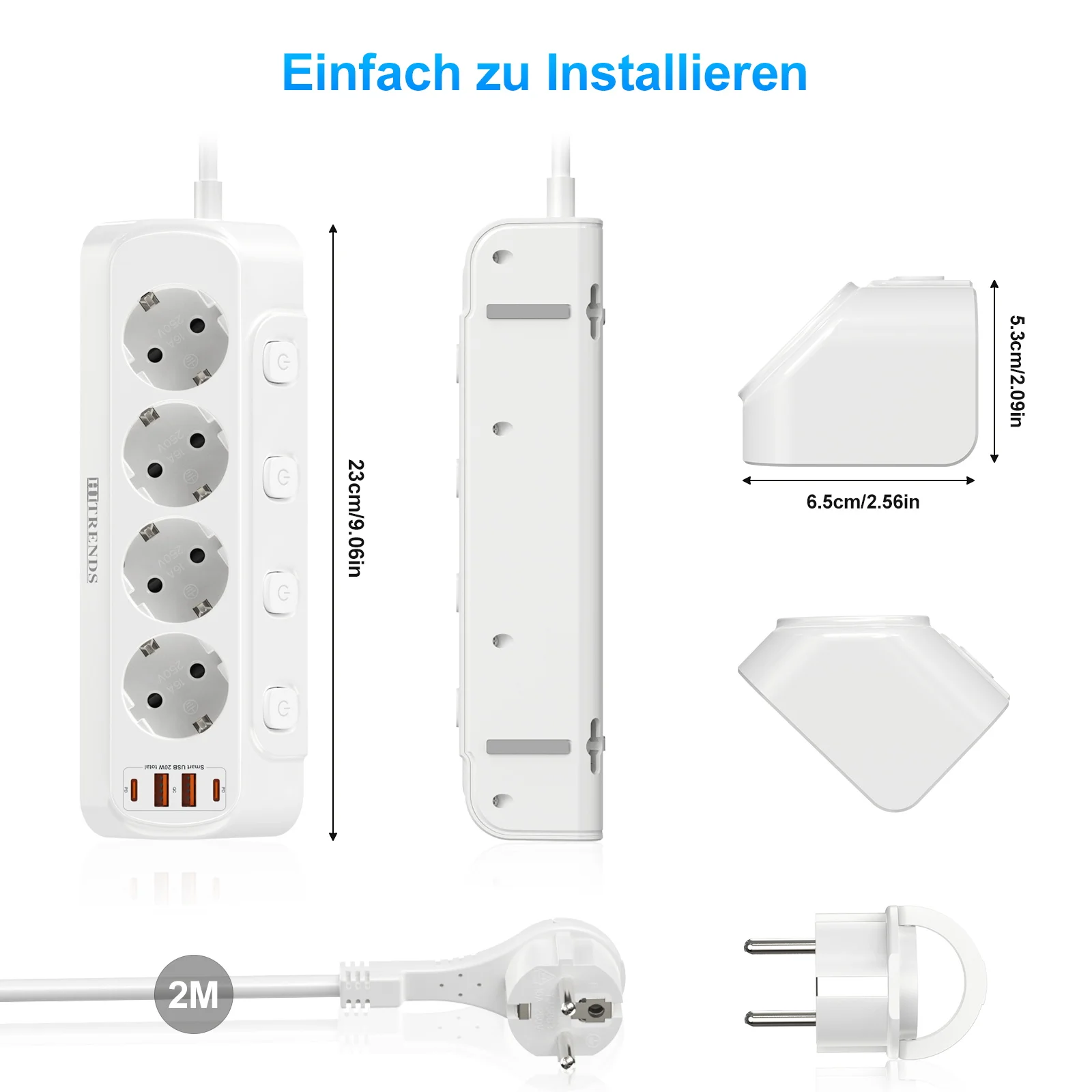 Eu Plug Multi-function power board 2 USB-A and 2USB-C Fast charging power adapters 2 m extension cord Independent switch White