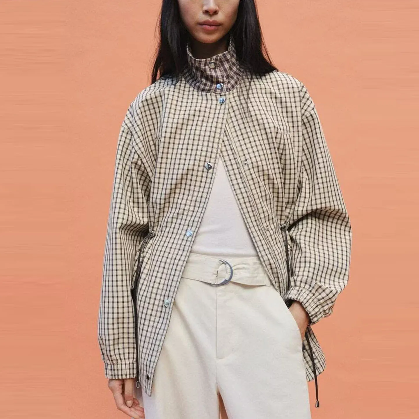 Women's Plaid Long Sleeve Stand Collar Waist-Cinching Casual Coat Autumn 2026 New Arrival ZADATA Standard Fit Short Outerwear