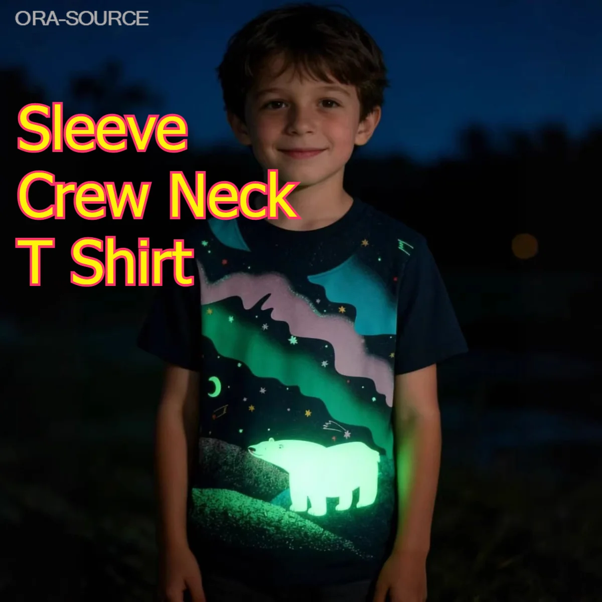 Glow in Dark Cartoon Polar Bear Star Print Short Sleeve Crew Neck T Shirt Toddler Summer Lightweight European Style Party Night