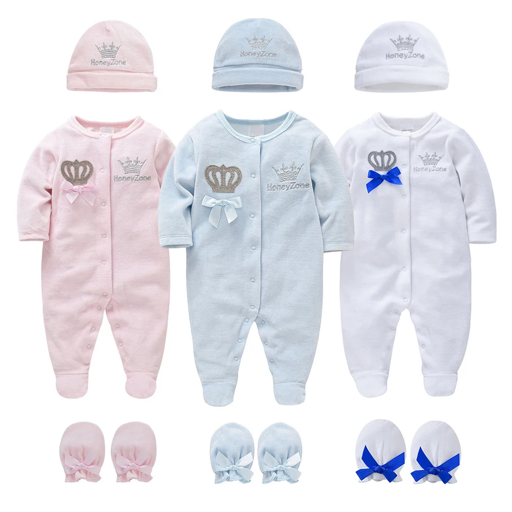 

Baby Romper Footies Boy Girl Clothing Newborn Baby Velet Jumpsuit+Hat+Gloves 3Pcs Infant Overalls Long Sleeve Outfit Autumn A467