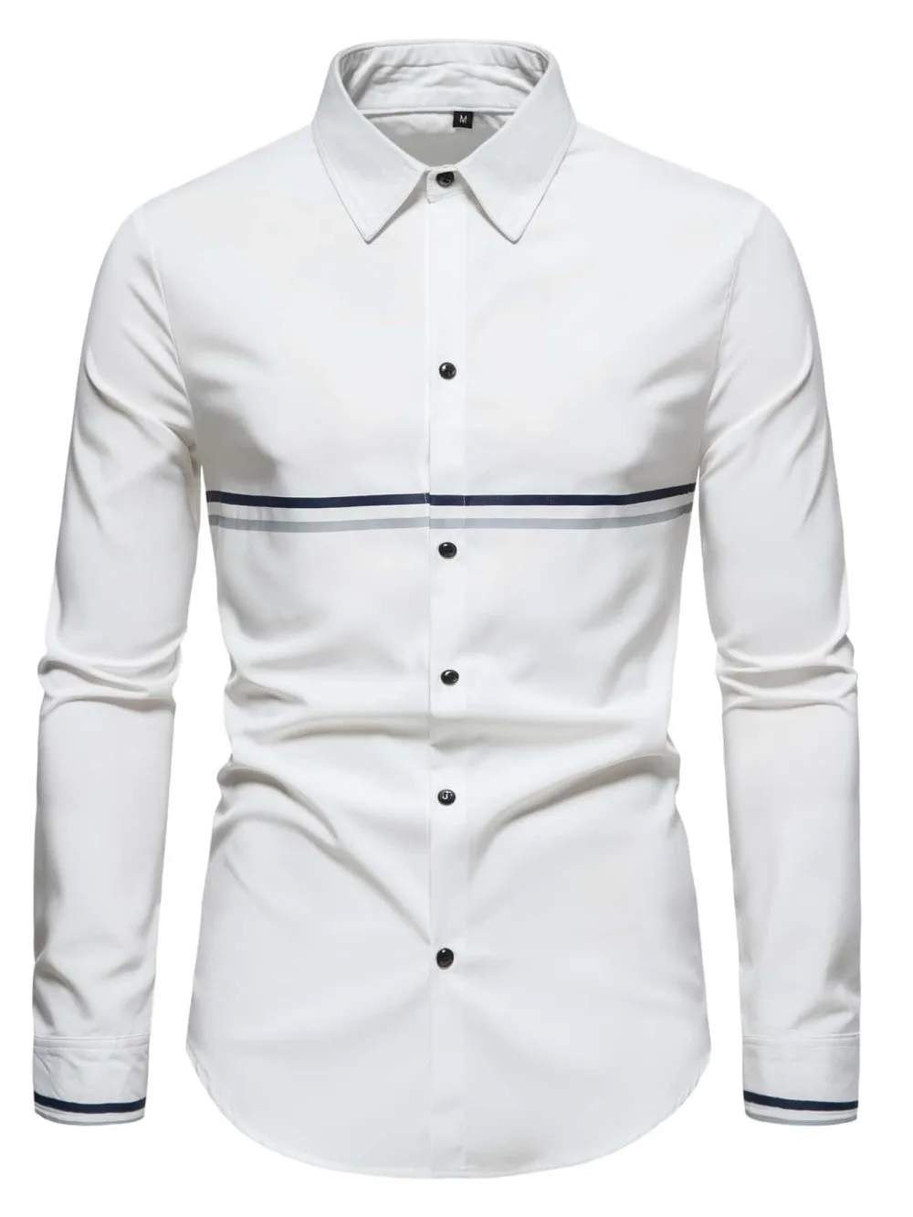 Men's striped printed button up front shirt slim fit long sleeved color blocked white work shirt