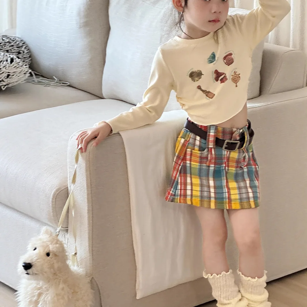 

Autumn Kids Girls 2PCS Clothes Set Cotton Cartoon Printed Long Sleeve Tees Contrast Plaid Skirts Outfits Toddler Babys Girl Suit