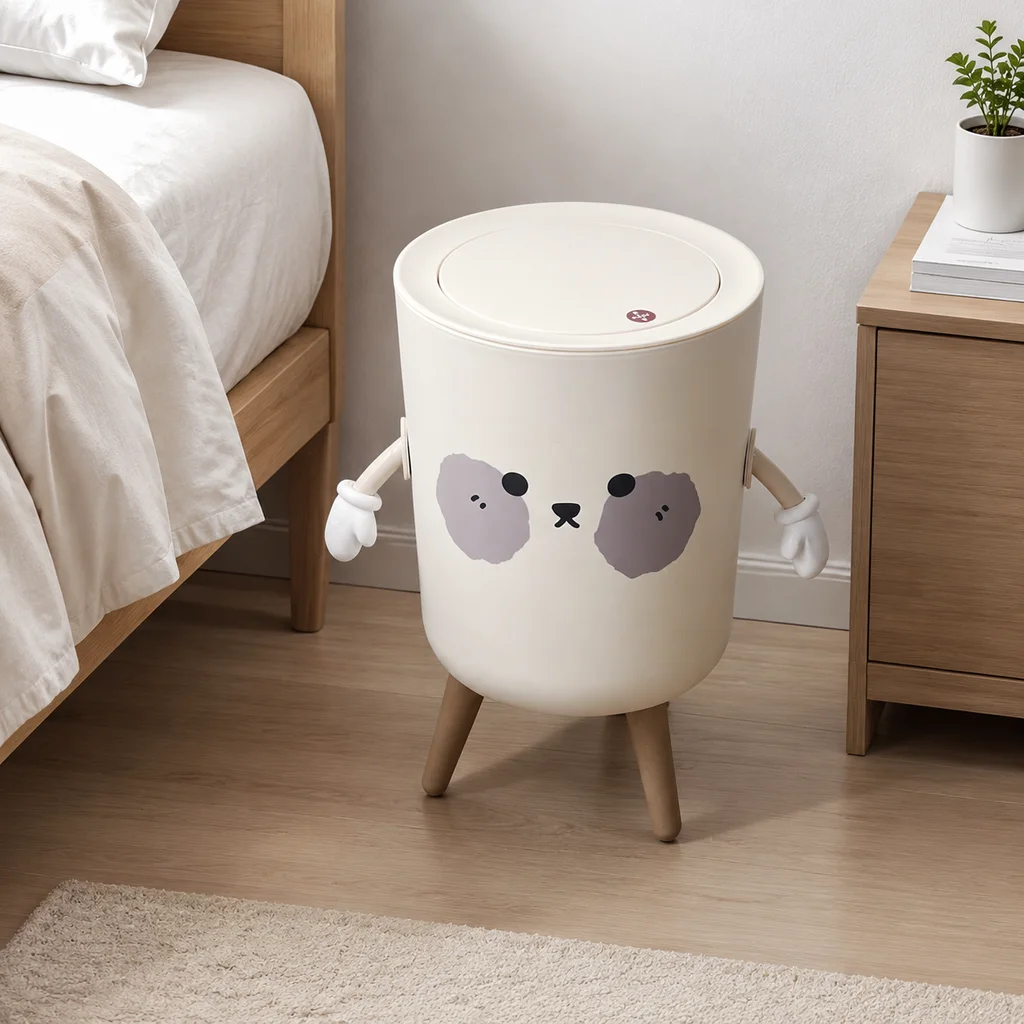 Cute Bear Trash Can with Lid, High‑Foot Decorative Waste Bin with Movable Arms, Sealed Lidded Garbage Basket for Kids Room Nursery Bedroom