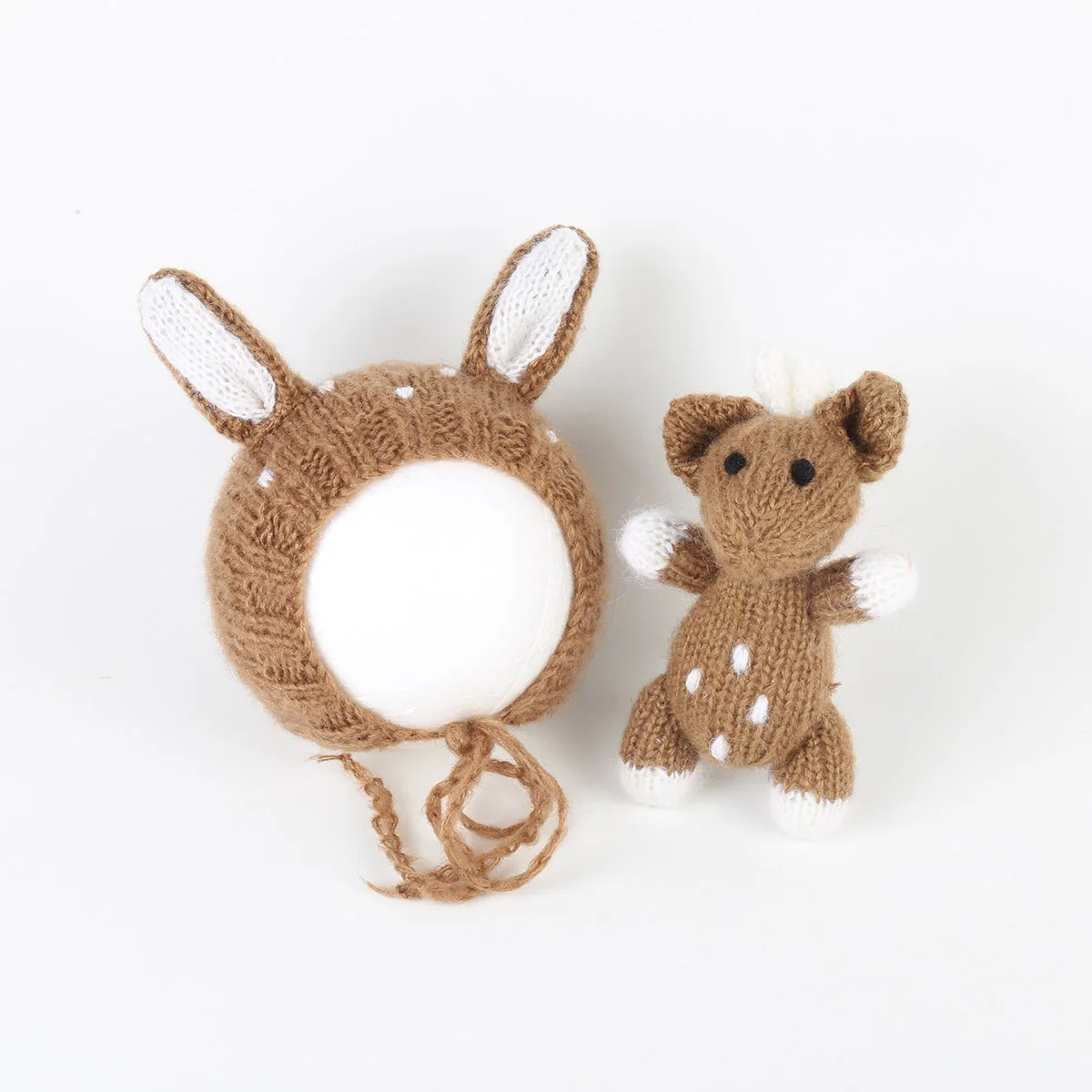 Hand Knitted Mohair Deer Bonnet Wrap Toy Set Crochet Reindeer Hat Knit Plush Doll Newborn Photography Props Girls or Boys Gift