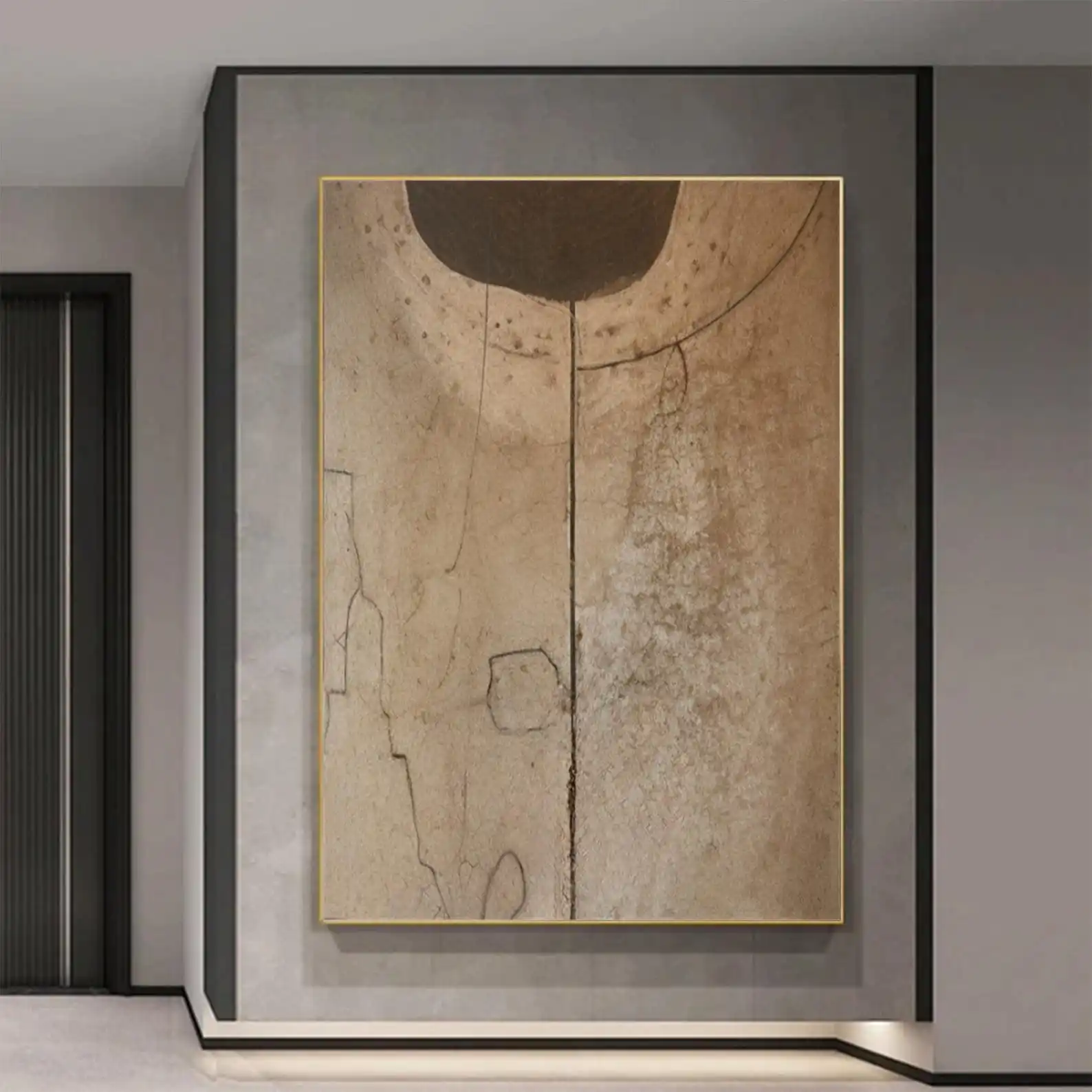 

Картина Mhemy: очень большая абстрактная роспись в стиле Ваби-Саби, бежевая, на холсте, минималистичный декор для стен