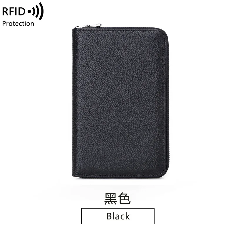 Western RFID Blocking Lychee Grain Passport Bag Cowhide Leather Women Wallet Large Capacity Long Purse for Mens