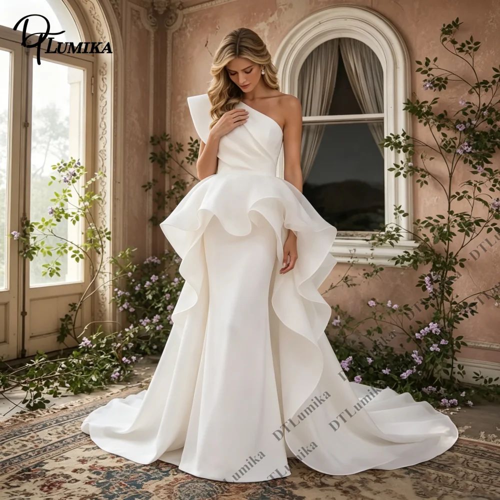 Flattering Mermaid Satin Wedding Dress One Shoulder Modern Bridal Gown Ruffle Detail Elegant Women Bride Dresses Customized