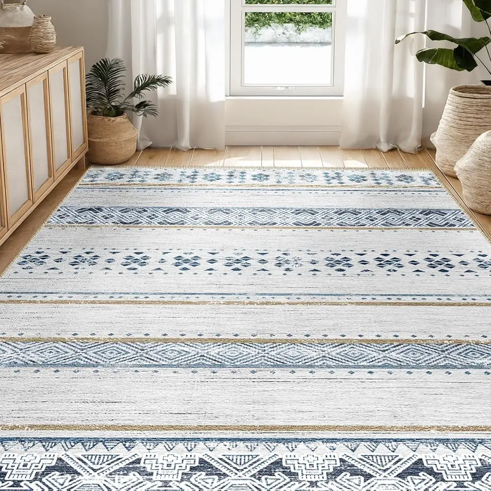 

5X7 Area Rugs For Living Room Washable Moroccan Farmhouse Neutral Geometric Low Pile Non-Slip Soft Print Pattern Rug For
