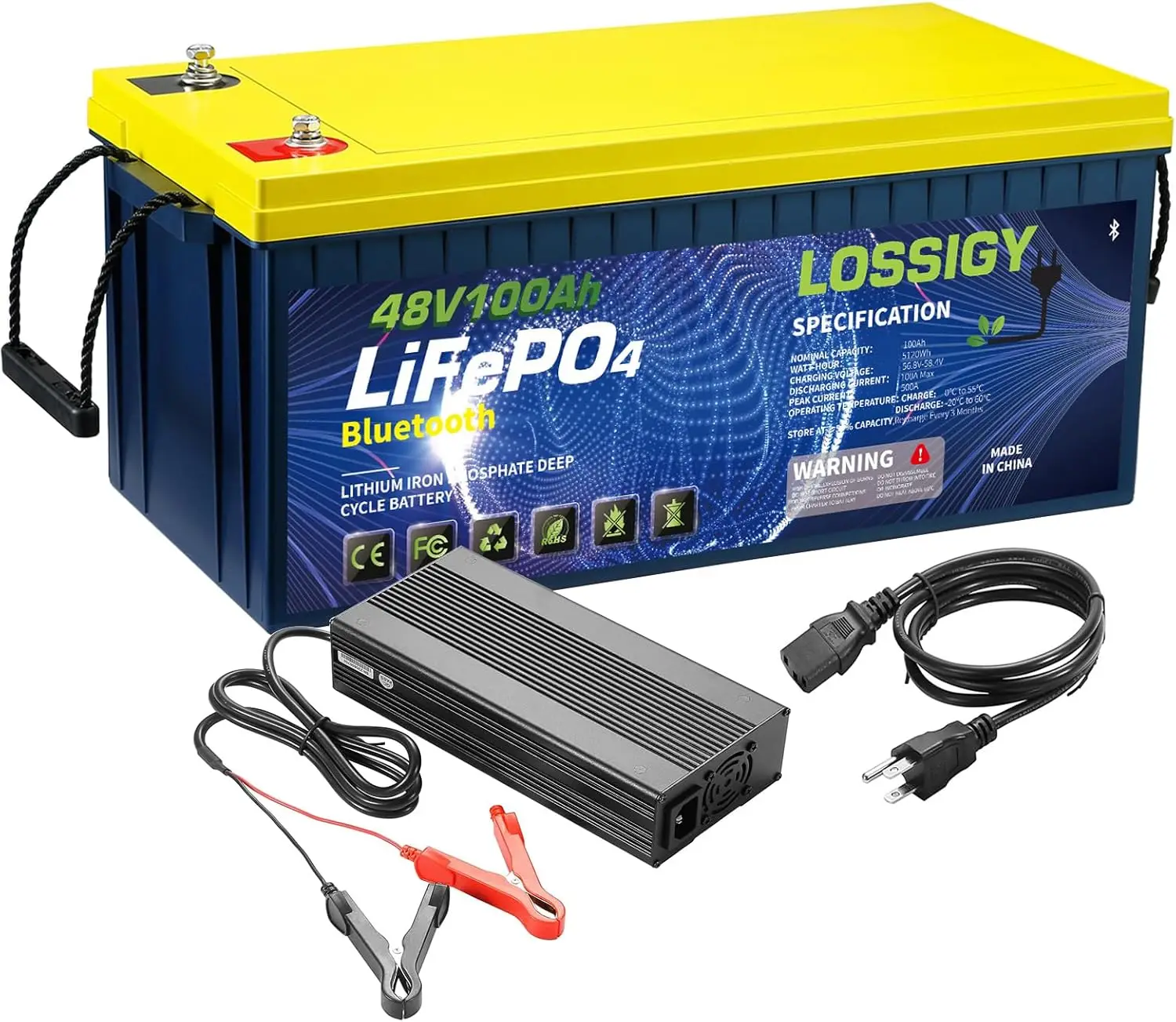 48V 100Ah Bluetooth LiFePO4 Battery with 58.4V10A Lithium Battery Charger 0V Starting and Fast Charged