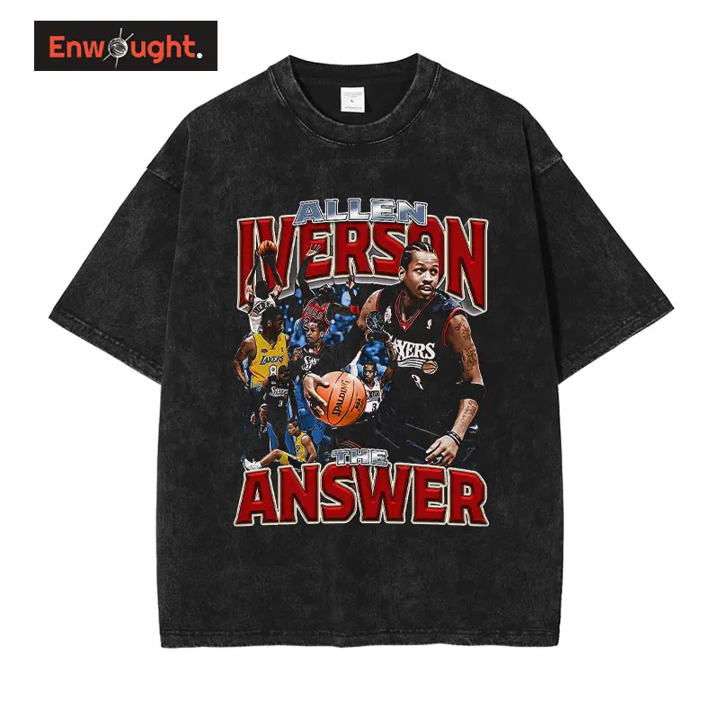 Hip Hop Allen Iverson T-shirt Streetwear Basketball Player Oversized T Shirts Vintage Washed Short Sleeve Harajuku Men Tops Tees