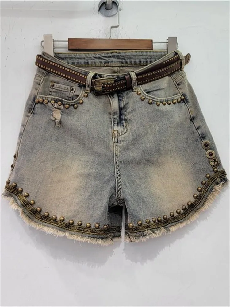 Women's Denim Shorts Solid Color Loose Straight Wide Leg Rivet Vintage Short Jeans 2023 Summer New Fashion High Waist Hot Pants