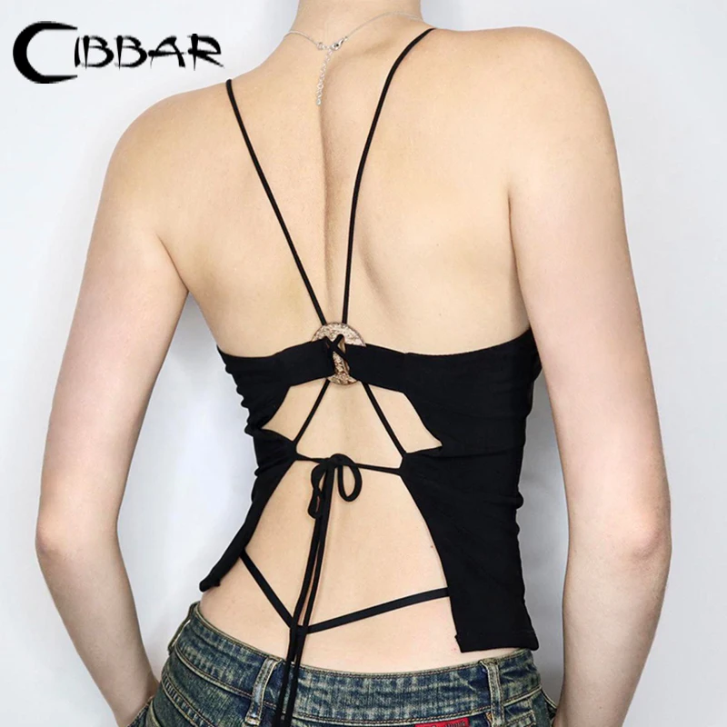 CIBBAR Sexy Bandage Backless Cropped Top Sleeveless Skinny Hollow Out Tank Tops Women Summer Gothic Black Tees y2k Harajuku Lady