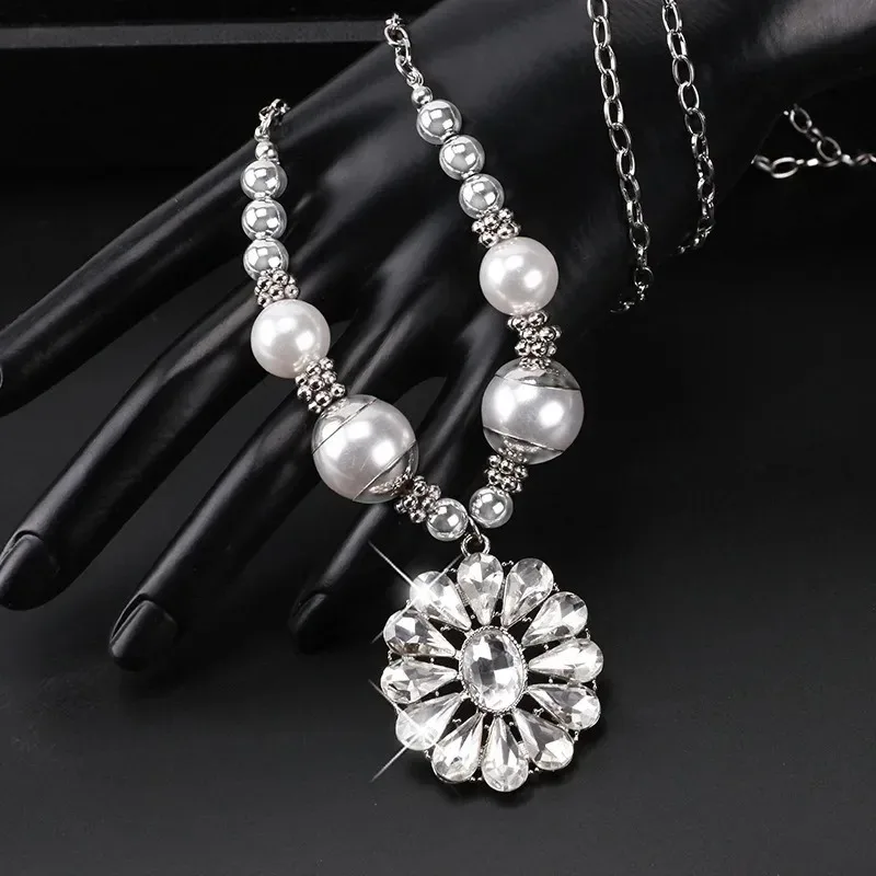 Novo colar longo multifuncional, pingente de cristal feminino, corrente de suéter de flor