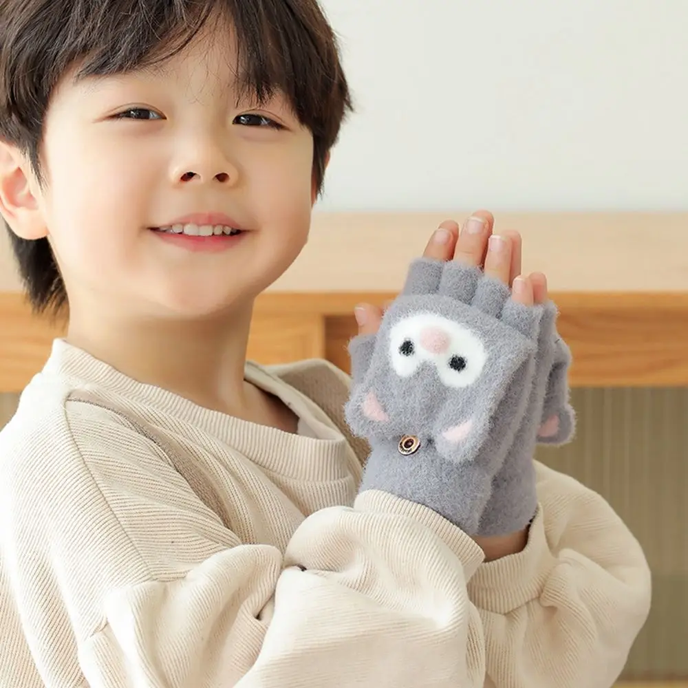 Warm Thick For  Bear Shape Cat Ear Children Korean Knitted Mittens Half Finger Gloves Children Gloves Flip Cover Gloves