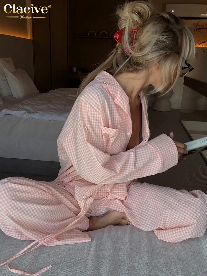 Clacive Fashion Loose Pink Plaid Women's Two Pieces Set 2026 Elegant Long Sleeve Blouse With High Waist Wide Pants Set Female