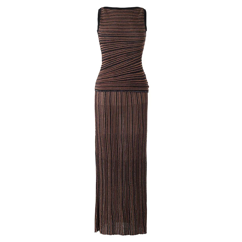 

Women Knitted Cotton O-Neck A Set Of Dress Top and Skirt