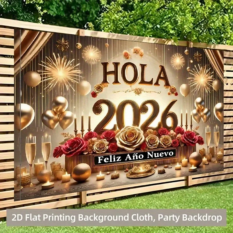 VIKAMA 2026 Neujahr, spanischer Wandteppich, goldene Rose, Feuerwerk, Ballon, Hintergrund, Stoff, Neujahrsparty-Dekoration