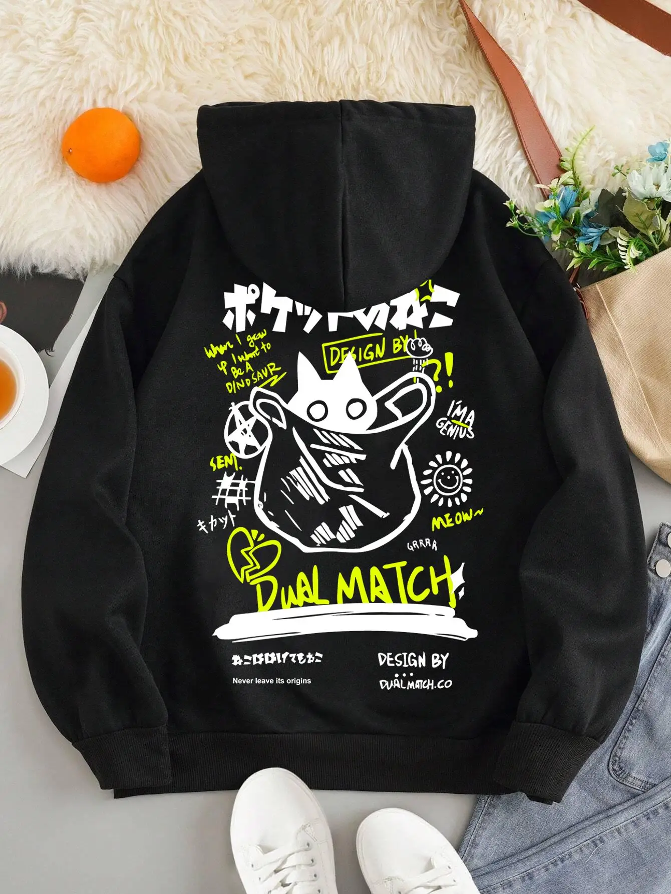 Cute Cat Cartoon Printed Sweatshirt Women Harajuku Casual Loose Hooded Fashion Soft Pocket Hoodies Autumn Warm Female Clothes