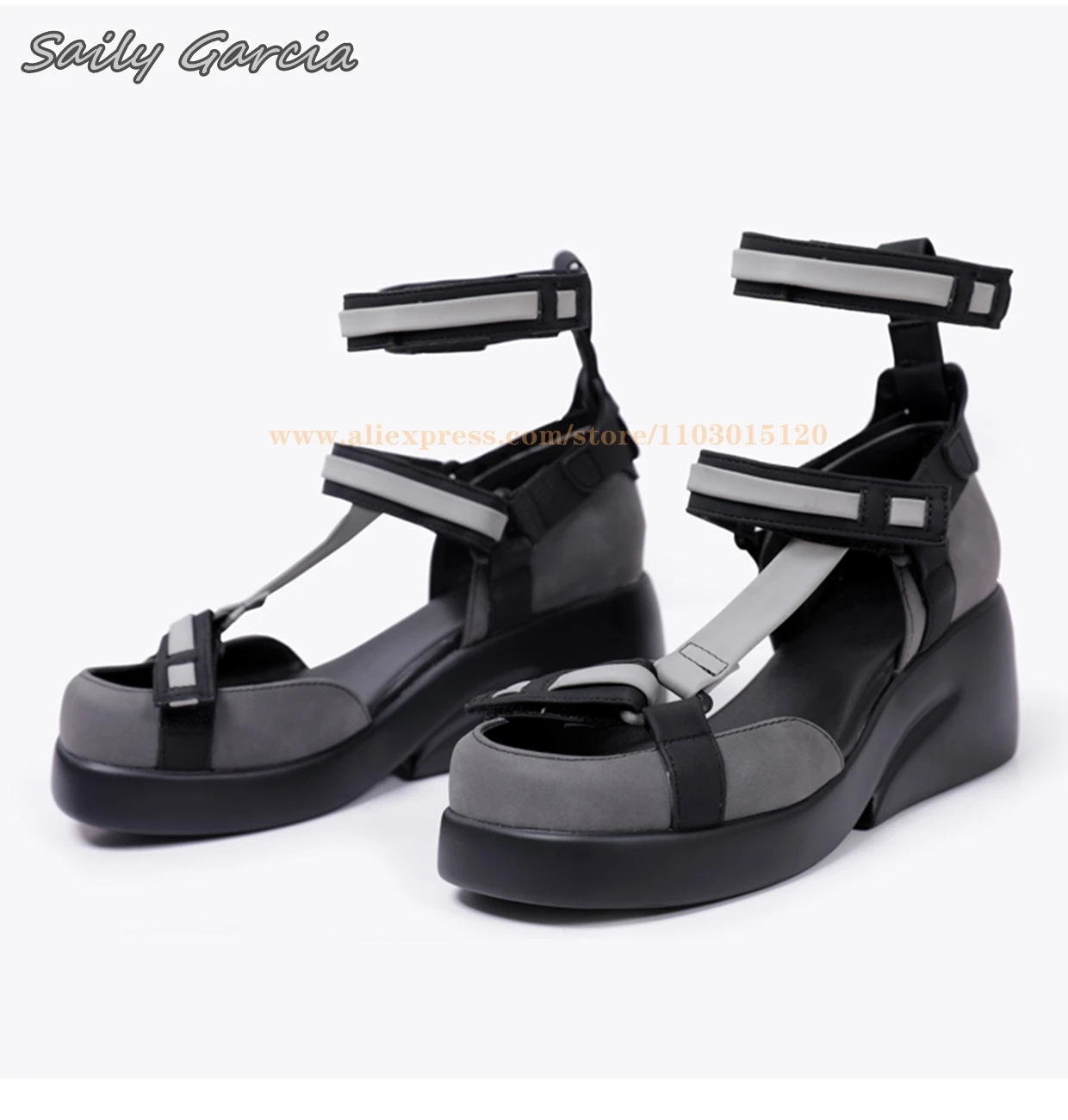 

Mix Color Ankle Hook&Loop Side Empty Chunky Heel Sandals Mary Jane Thick Sole Shallow Cool Shoes Technology Style Casual Shoes