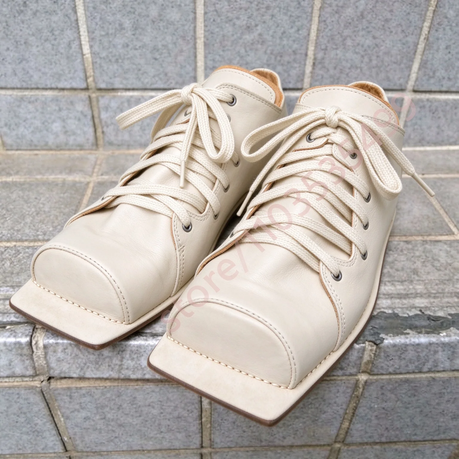Unisex Irregular Square Toe Lace-Up Shoes Handmade Retro Thick Flat Sole Unique Avant Garde Street Style Casual Fashion Footwear