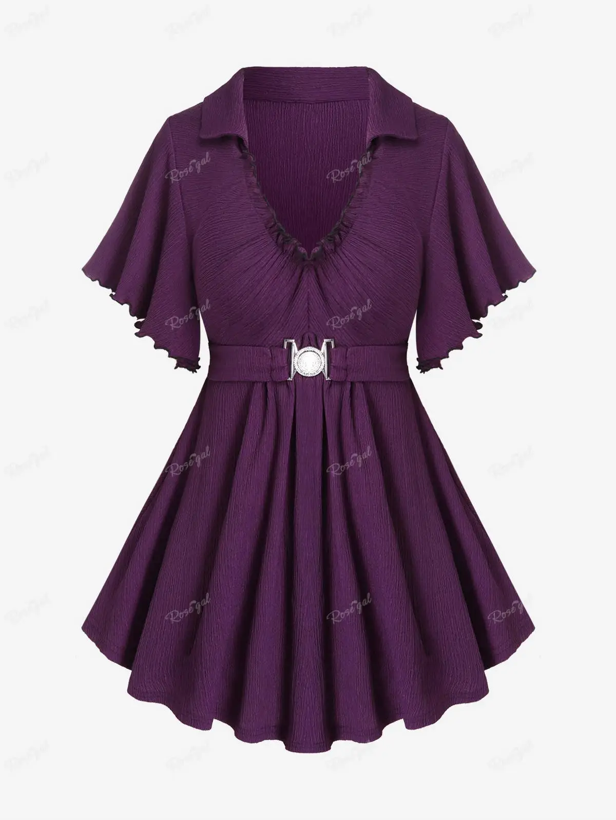 ROSEGAL Plus Size Buckle Ruched Butterfly Sleeve T-Shirt Deep Purple 2024 Women's Spring,Summer Lapel Casual Tops