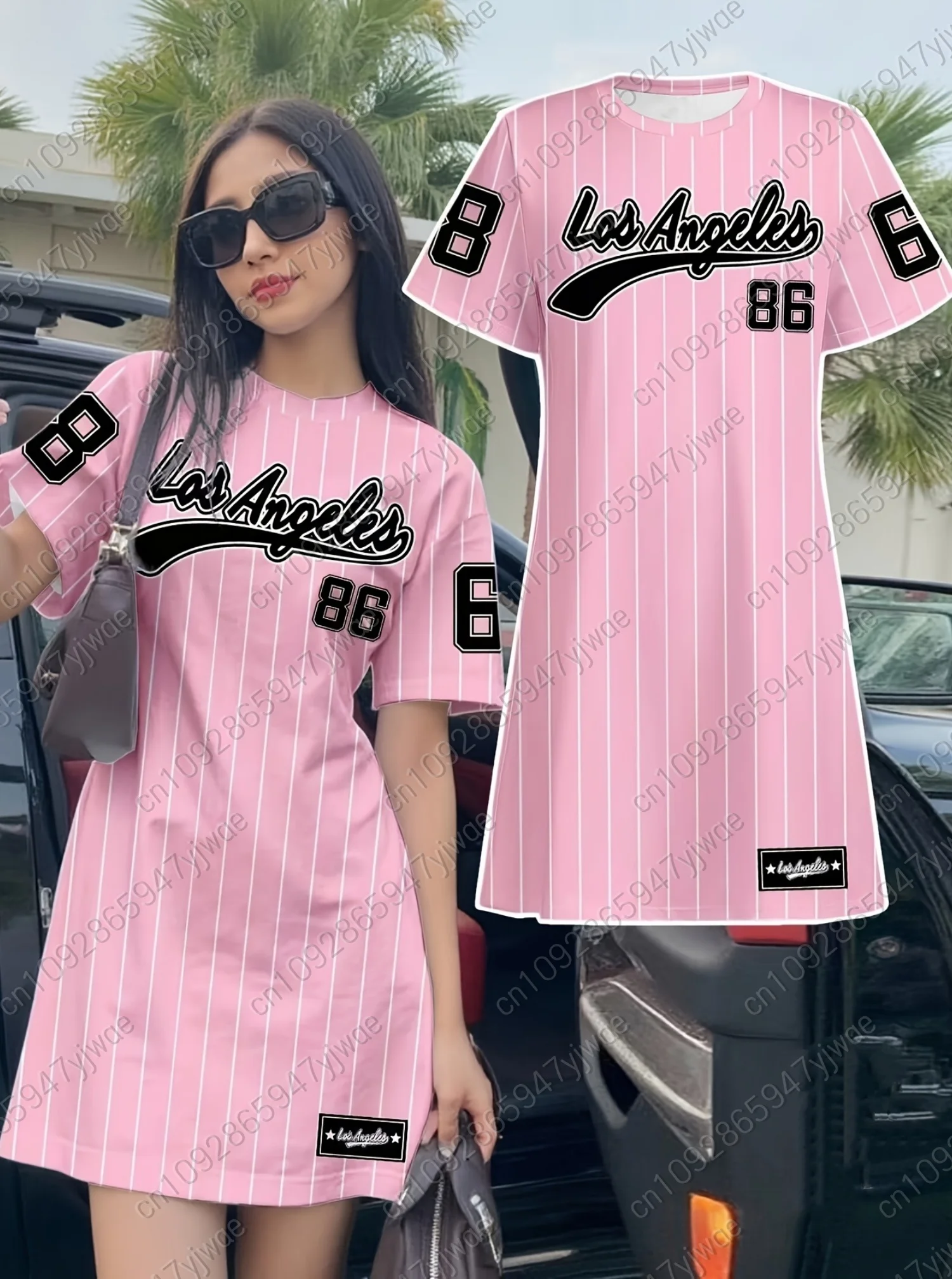 Robe T-shirt ample décontractée pour femme été 2026 NO.86 LOS ANGELES Imprimé Col rond Manches court