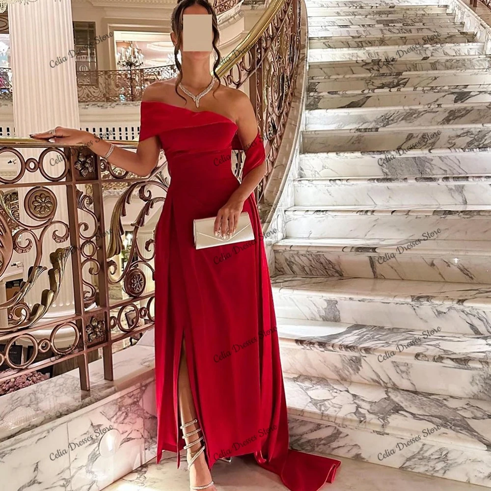 Charming Red Off the Shoulder Formal Evening Dress with Side Split Floor Length Saudi Arabia Special Occasion Gowns Custom Made