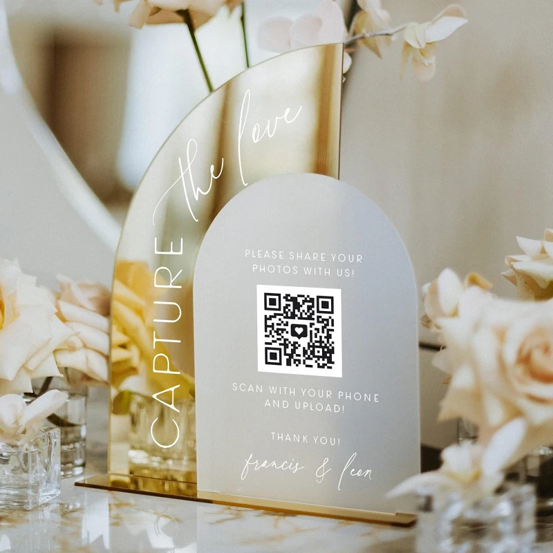 QR Code Photos Sign,Custom Wedding QR Code Sign,Gold Mirror Wedding Sign,Capture The Love QR Sign