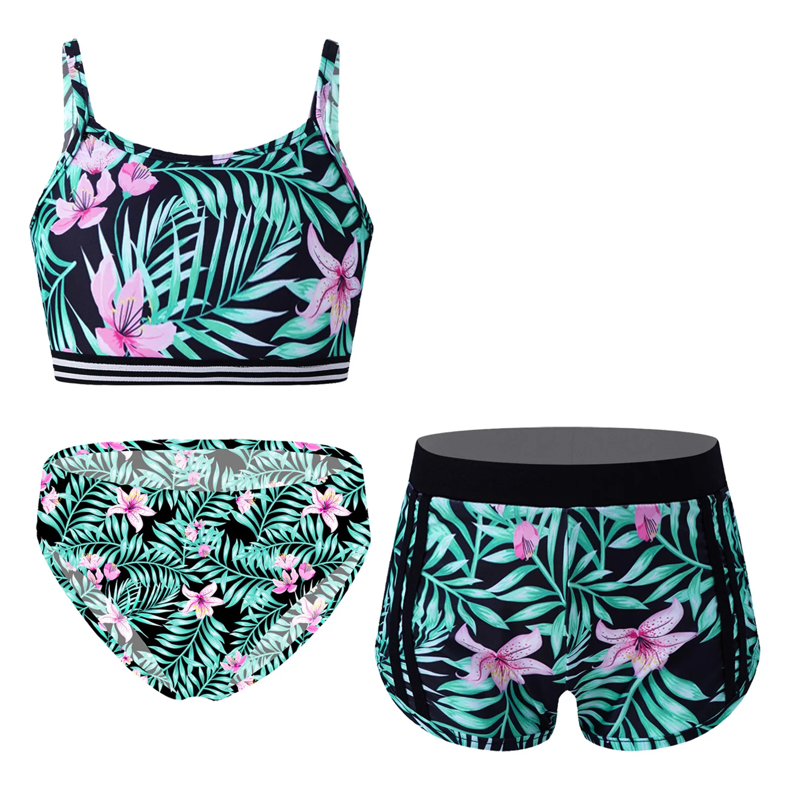 3Pcs Kids Girls Tankini Swimsuit Set Spaghetti Straps Swimwear Printed Swimming Suit Crop Top Shorts Briefs Sets for Beach Wear