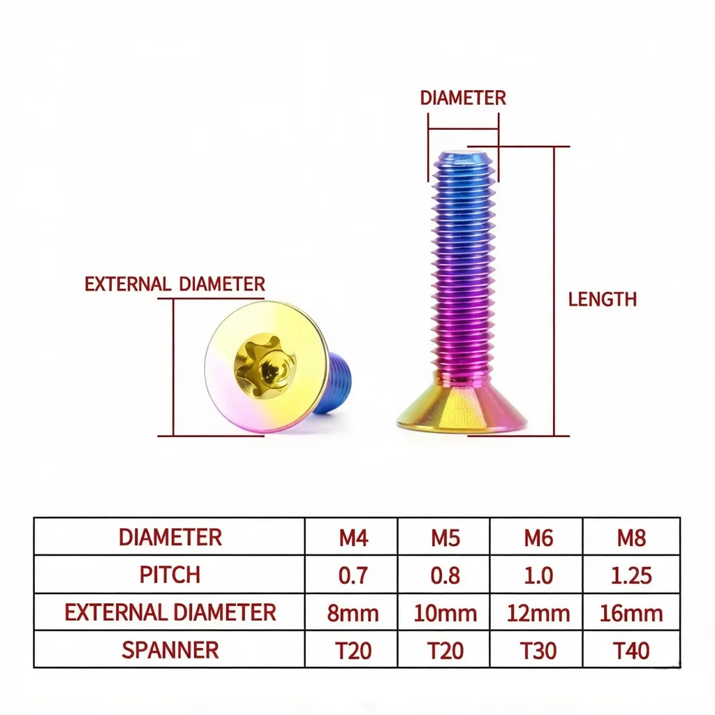 1pcs Titanium Ti Bolt M4 M5 M6 M8 Torx Flat Countersunk Head Screw for Bicycle Motorcycle Car Refitting Length:8-40mm