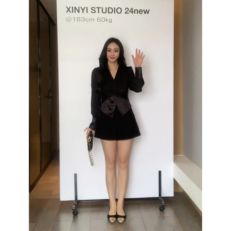 

XIN Korean Sle Satin irt Knot Waist Slimming Top Sister Classy Long Sve V-Ne Polyester Fiber Regular Length