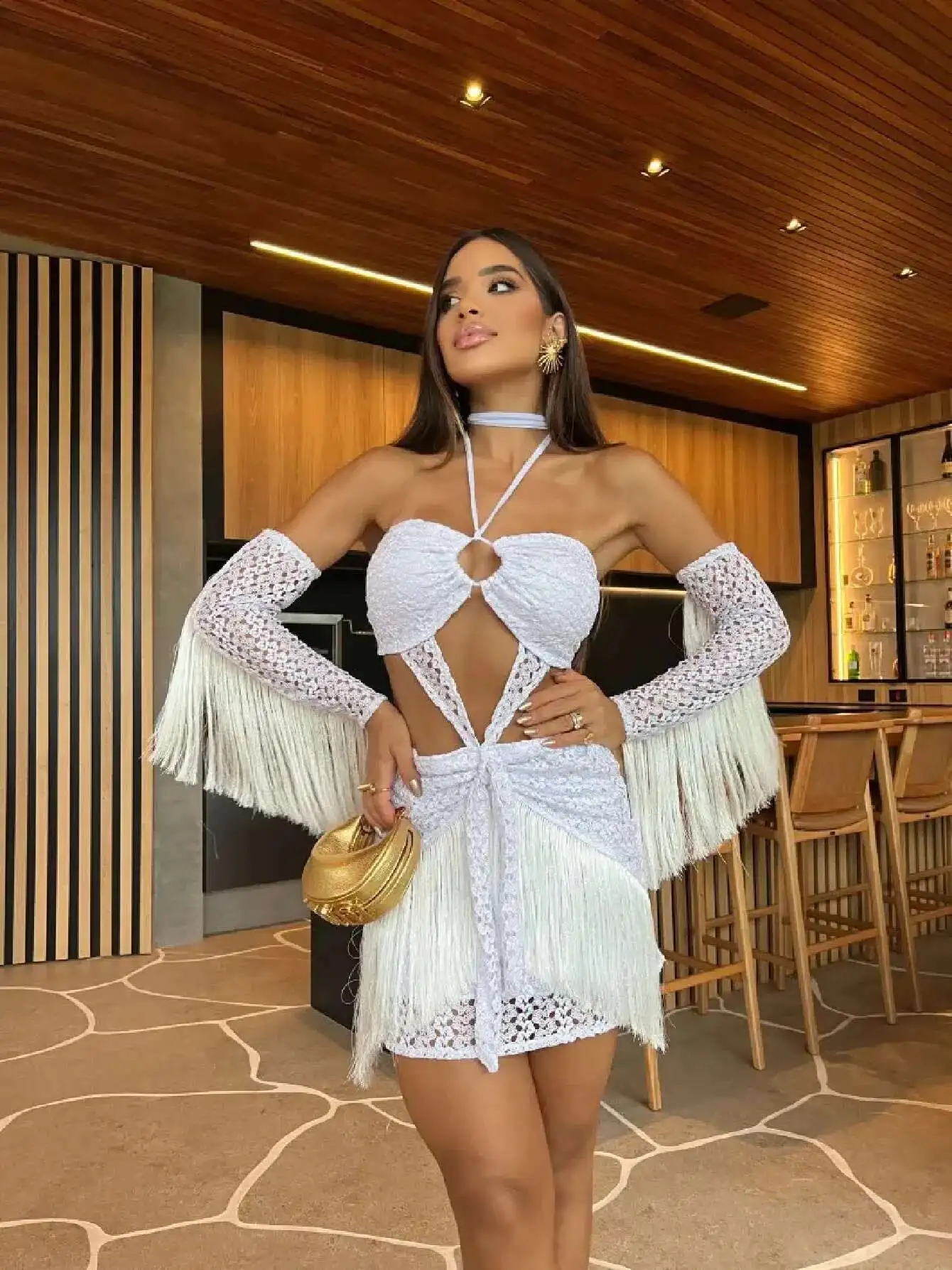 New Sexy Women White Lack Tassel Mini Dresses Bandage Naked Waist Cut Out Dress Summer Party Evening Female Vestidos