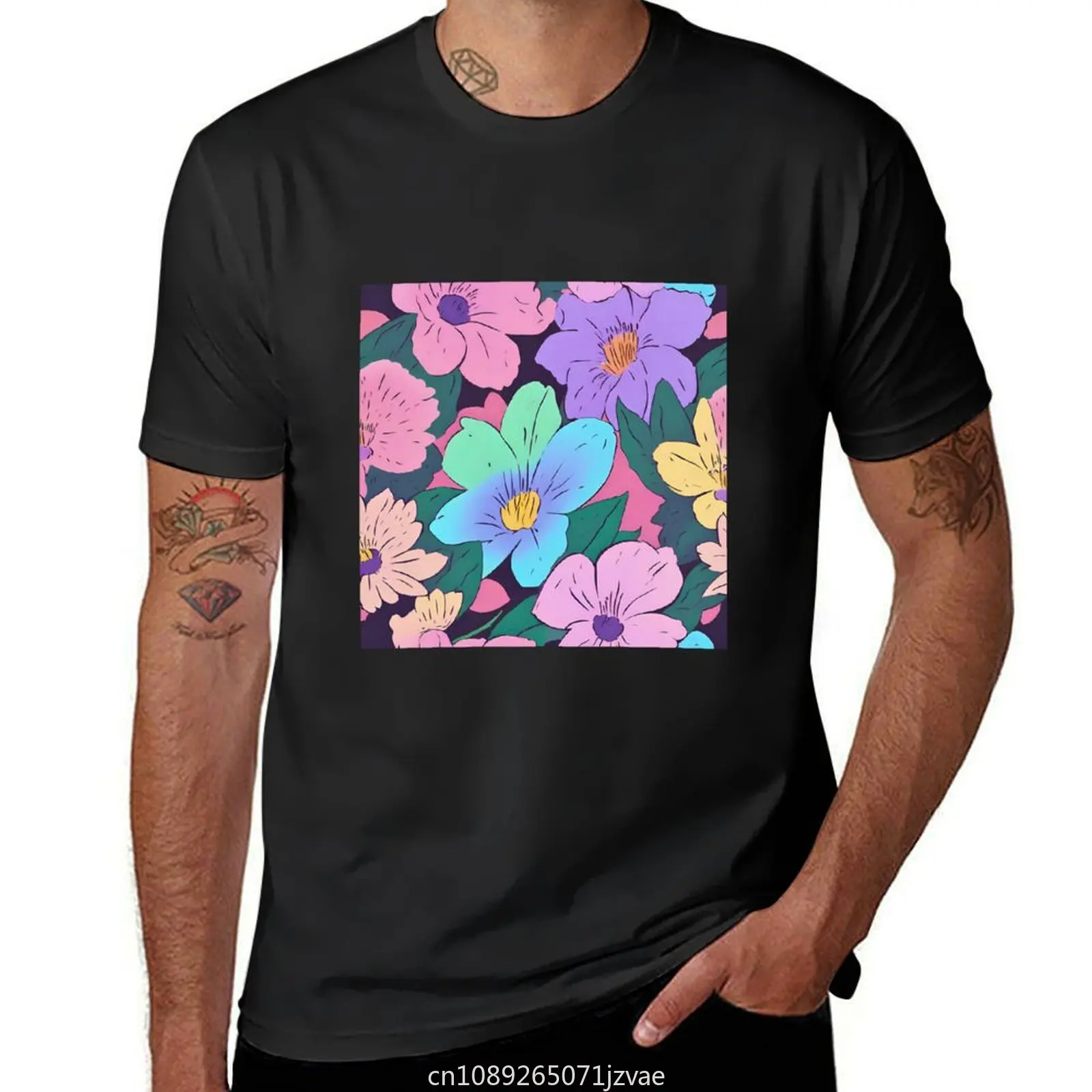 Seamless pattern Pastel floral in anime style T-Shirt summer top blacks oversizeds Men's t shirts